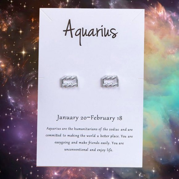 AQUARIUS Zodiac Silvertone Stud Earrings on Card NEW! 1119x2 - Picture 1 of 3